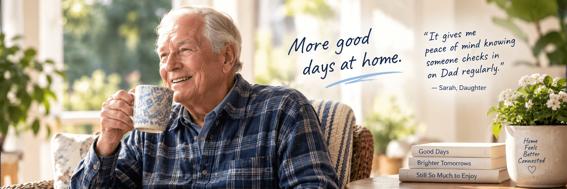 An older man relaxes at home with a cup of tea. More good days at home.